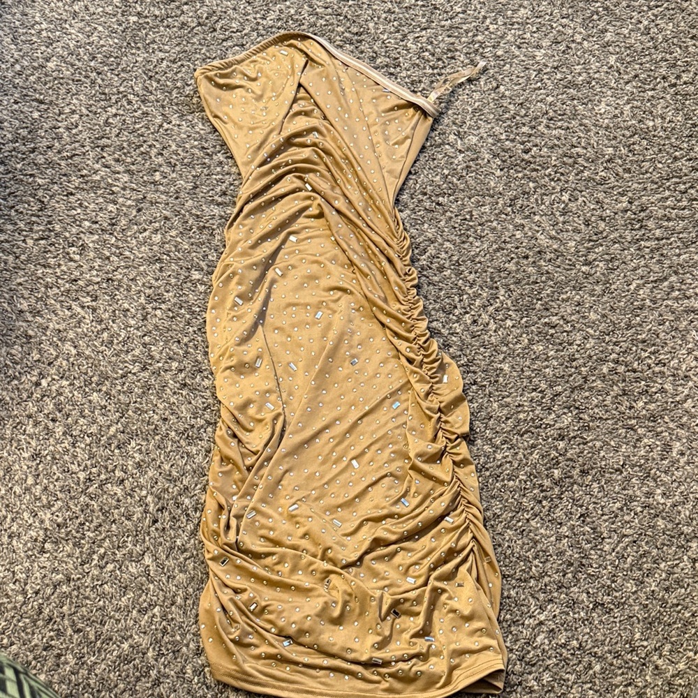 Strapless Ruched Rhinestone Bodycon Dress in Camel